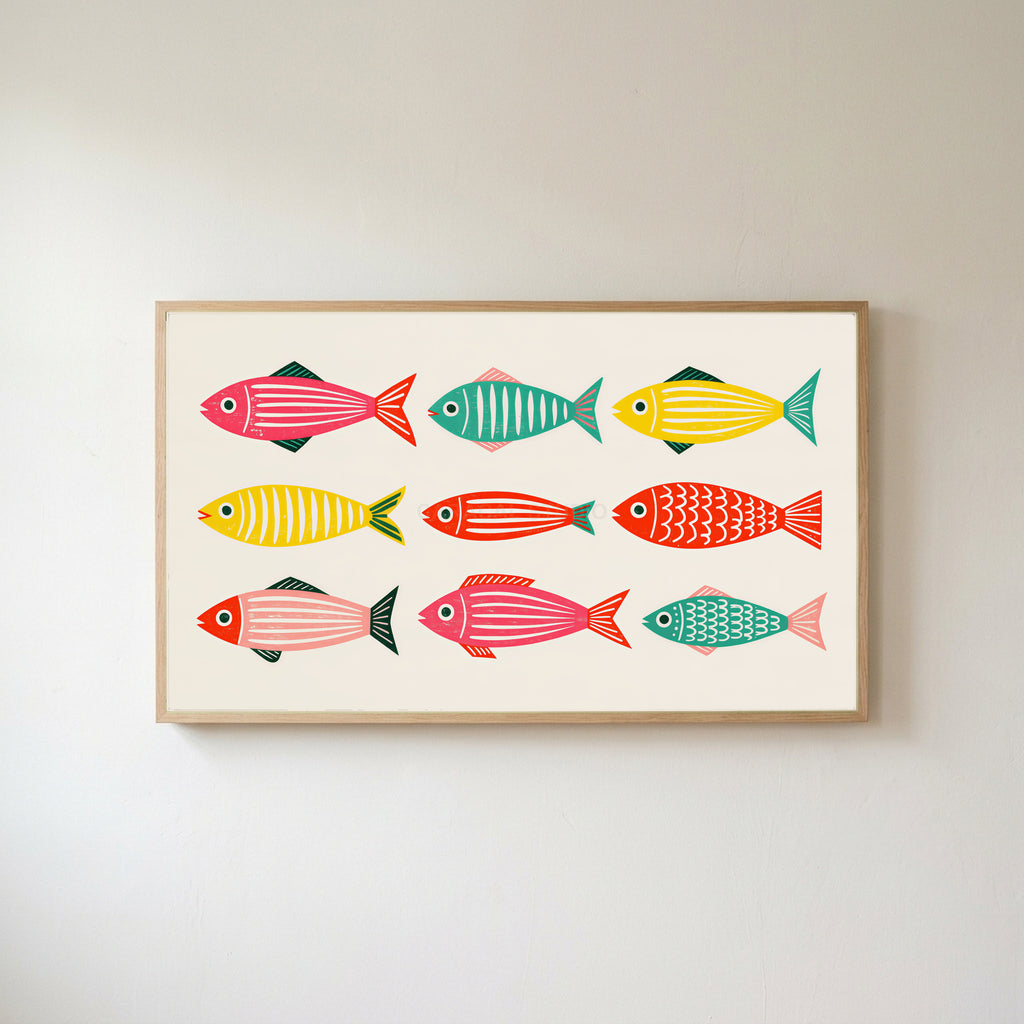 Folk fish Frame TV art in an oak frame on a warm white wall