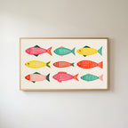 Folk fish Frame TV art in an oak frame on a warm white wall