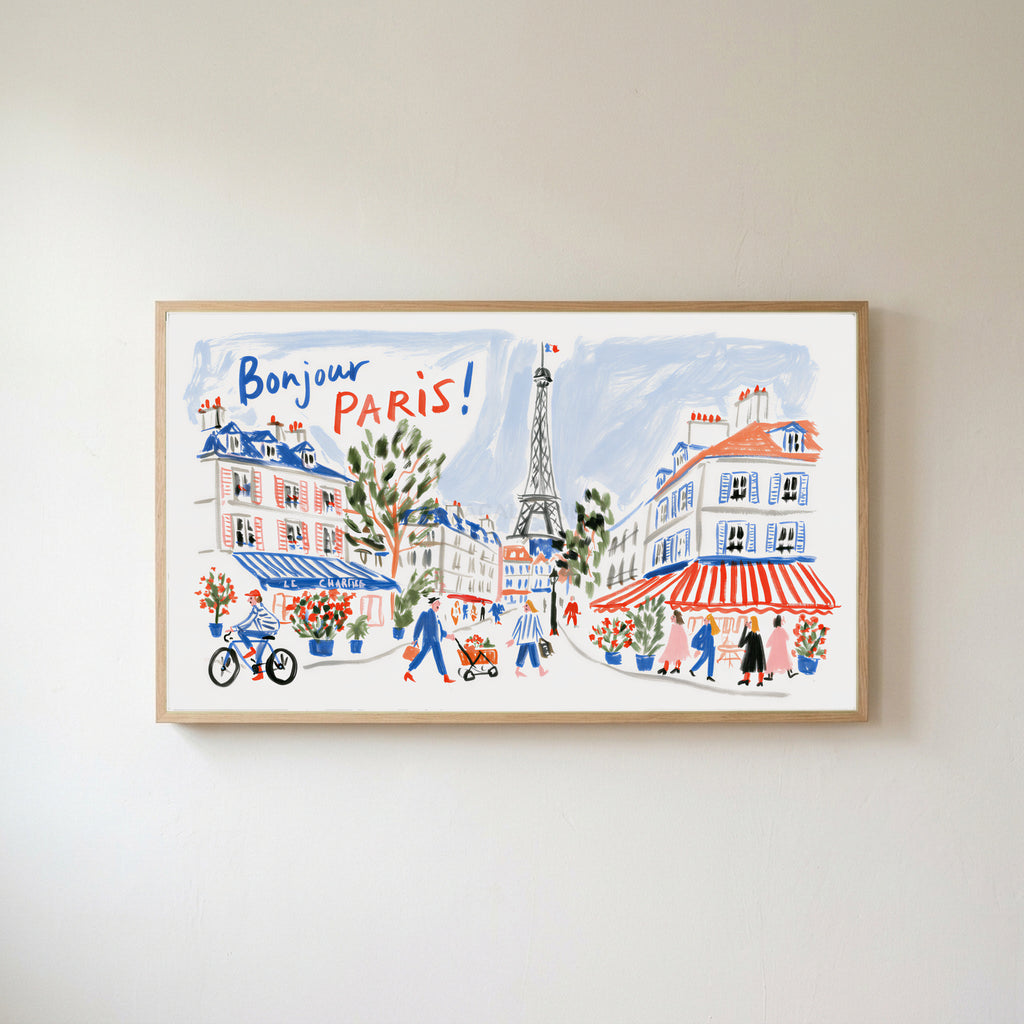Bonjour Paris Frame TV art in an oak frame on a warm white wall