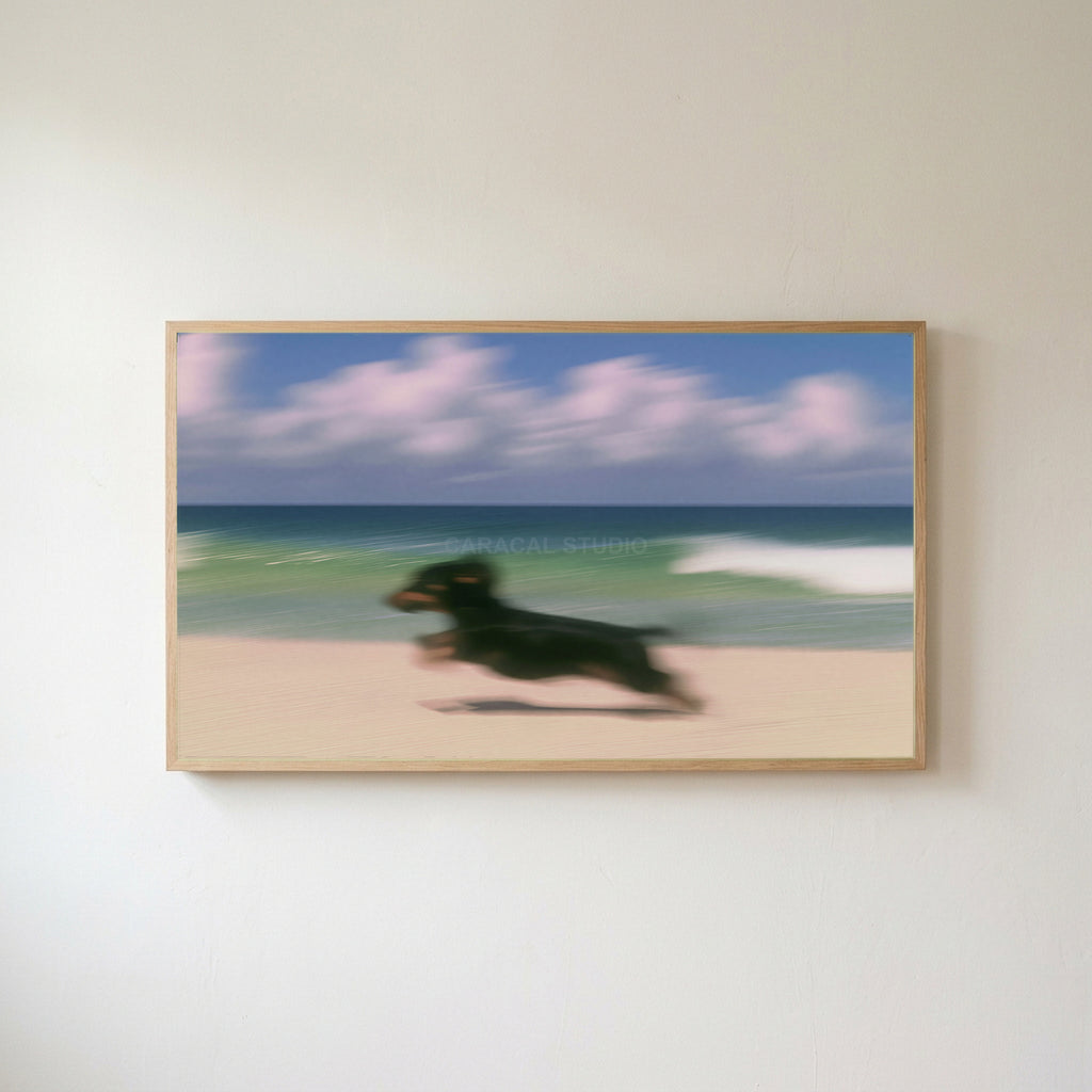 Running beach dachshund Frame TV art in an oak frame on a warm white wall