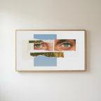 Eye collage Frame TV art in an oak frame on a warm white wall