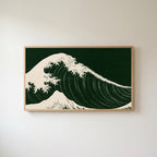 Japanese wave Frame TV art in an oak frame on a warm white wall
