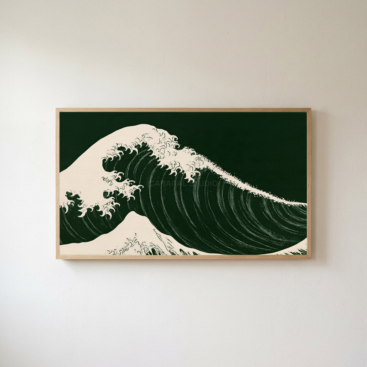 Japanese wave Frame TV art in an oak frame on a warm white wall