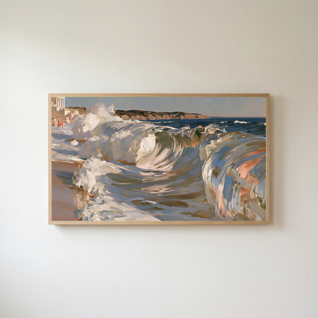 Crashing ocean waves Frame TV art in an oak frame on a warm white wall