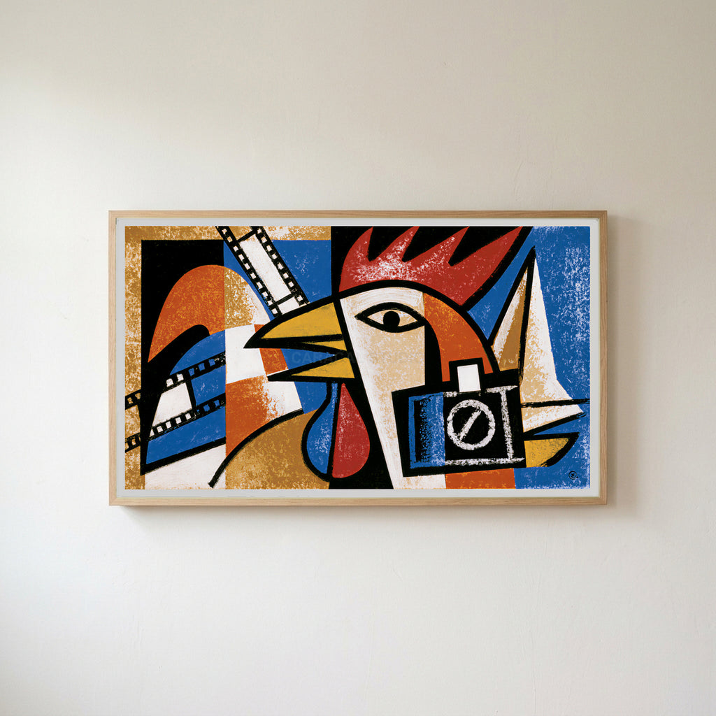 Cubist rooster Frame TV art in an oak frame on a warm white wall