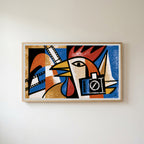 Cubist rooster Frame TV art in an oak frame on a warm white wall