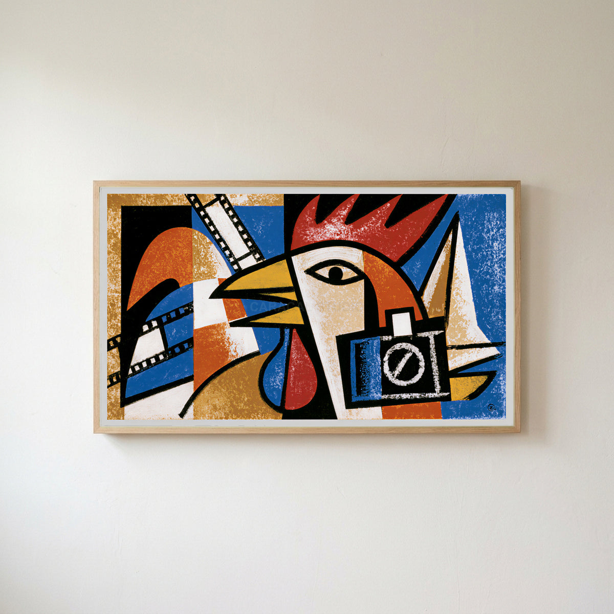 Cubist rooster Frame TV art in an oak frame on a warm white wall
