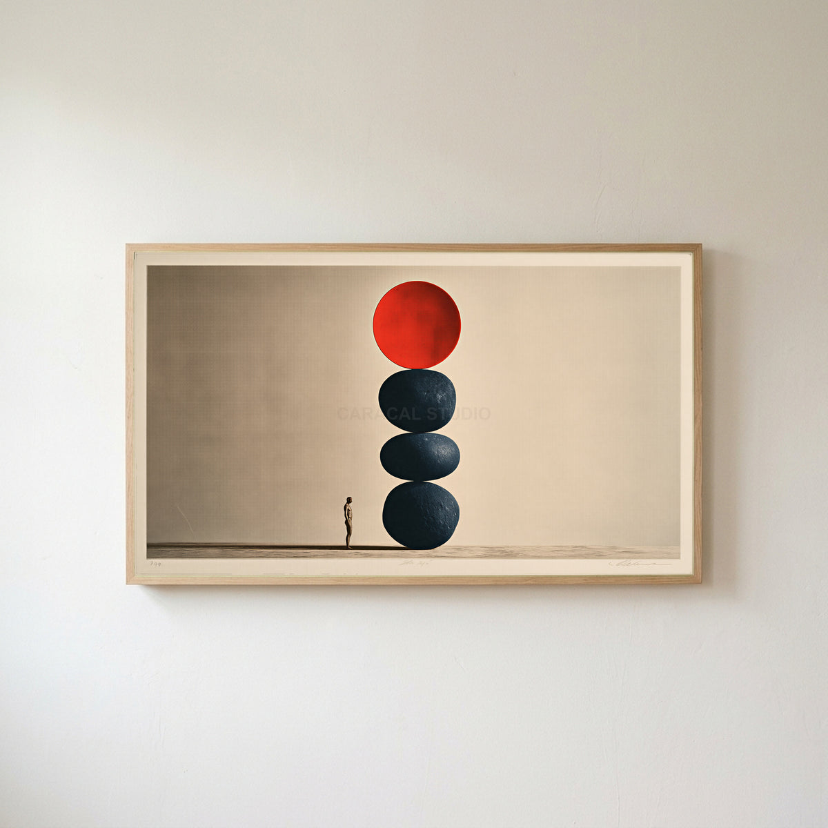 Stacked stones Frame TV art in an oak frame on a warm white wall
