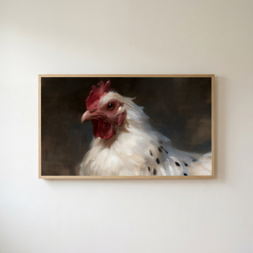 White hen portrait Frame TV art in an oak frame on a warm white wall