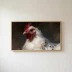 White hen portrait Frame TV art in an oak frame on a warm white wall