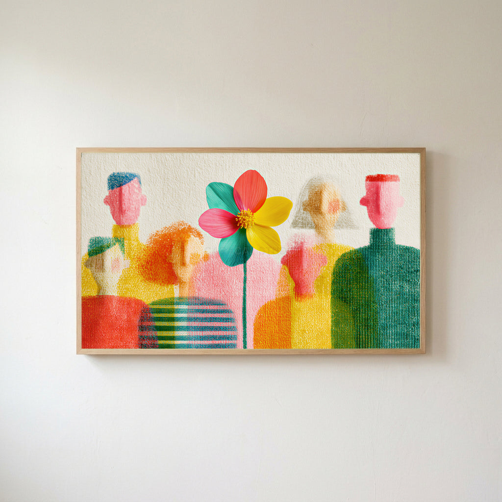Faceless people and flower Frame TV art in an oak frame on a warm white wall