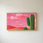 Saguaro cactus Frame TV art in an oak frame on a warm white wall