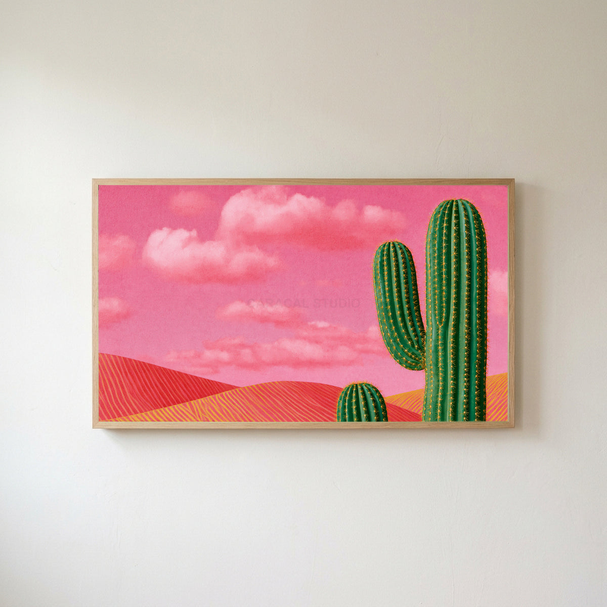 Saguaro cactus Frame TV art in an oak frame on a warm white wall