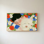 White terrier among flowers Frame TV art in an oak frame on a warm white wall