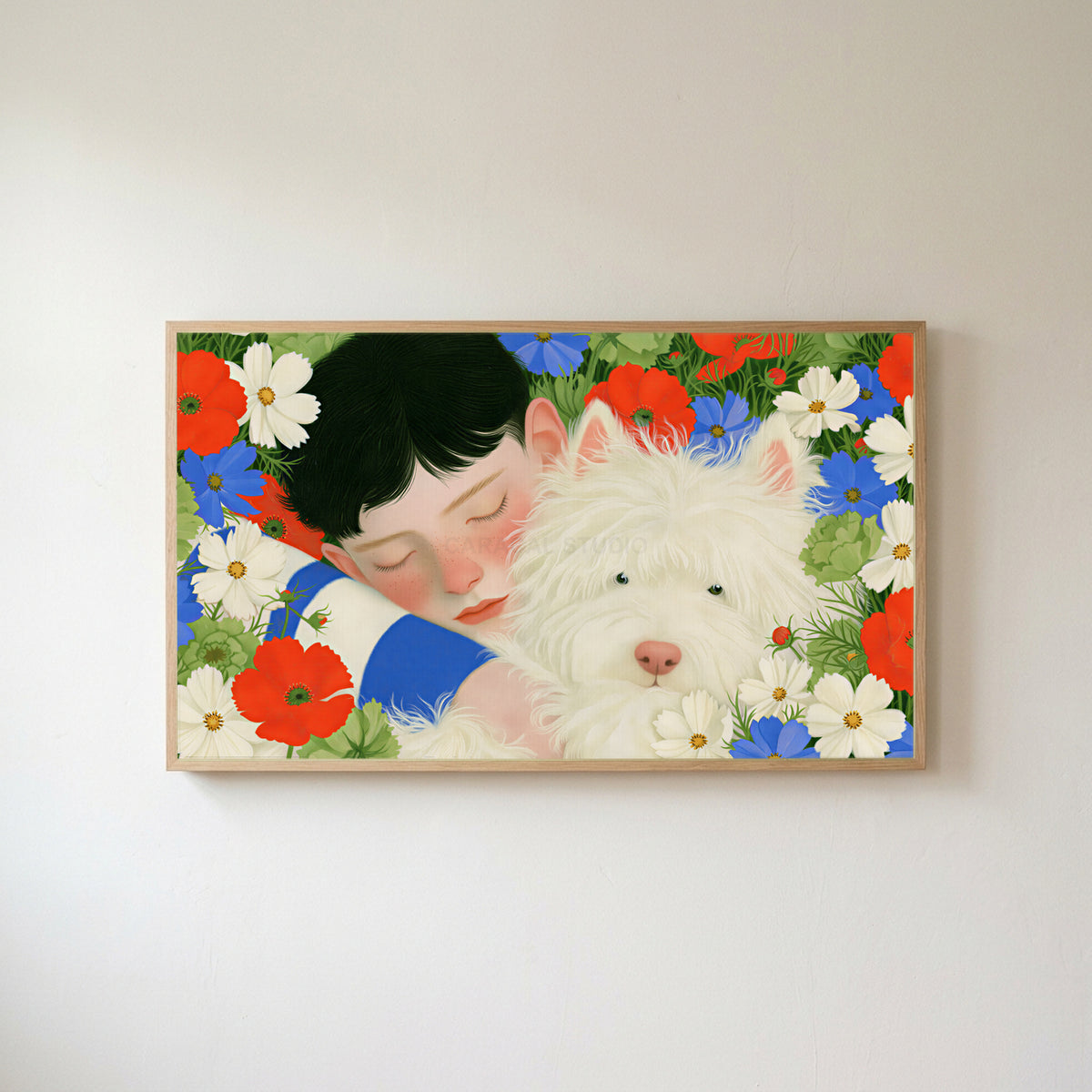 White terrier among flowers Frame TV art in an oak frame on a warm white wall