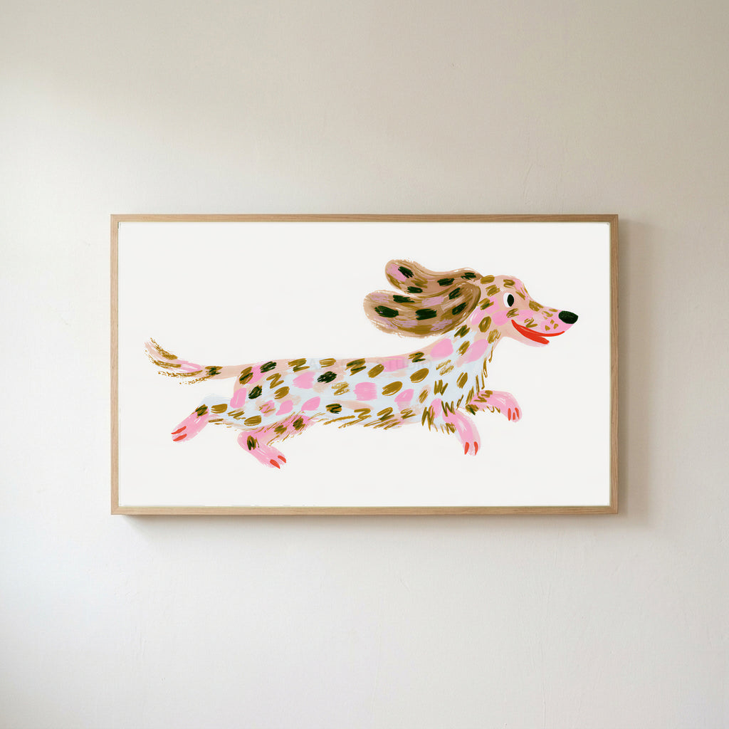 Running dachshund Frame TV art in an oak frame on a warm white wall