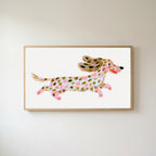 Running dachshund Frame TV art in an oak frame on a warm white wall