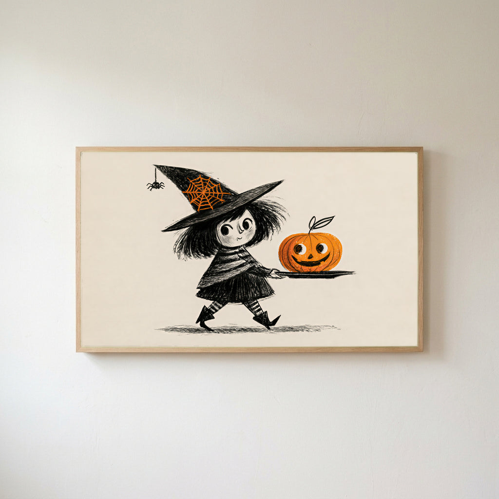 Little witch Frame TV art in an oak frame on a warm white wall