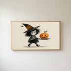 Little witch Frame TV art in an oak frame on a warm white wall