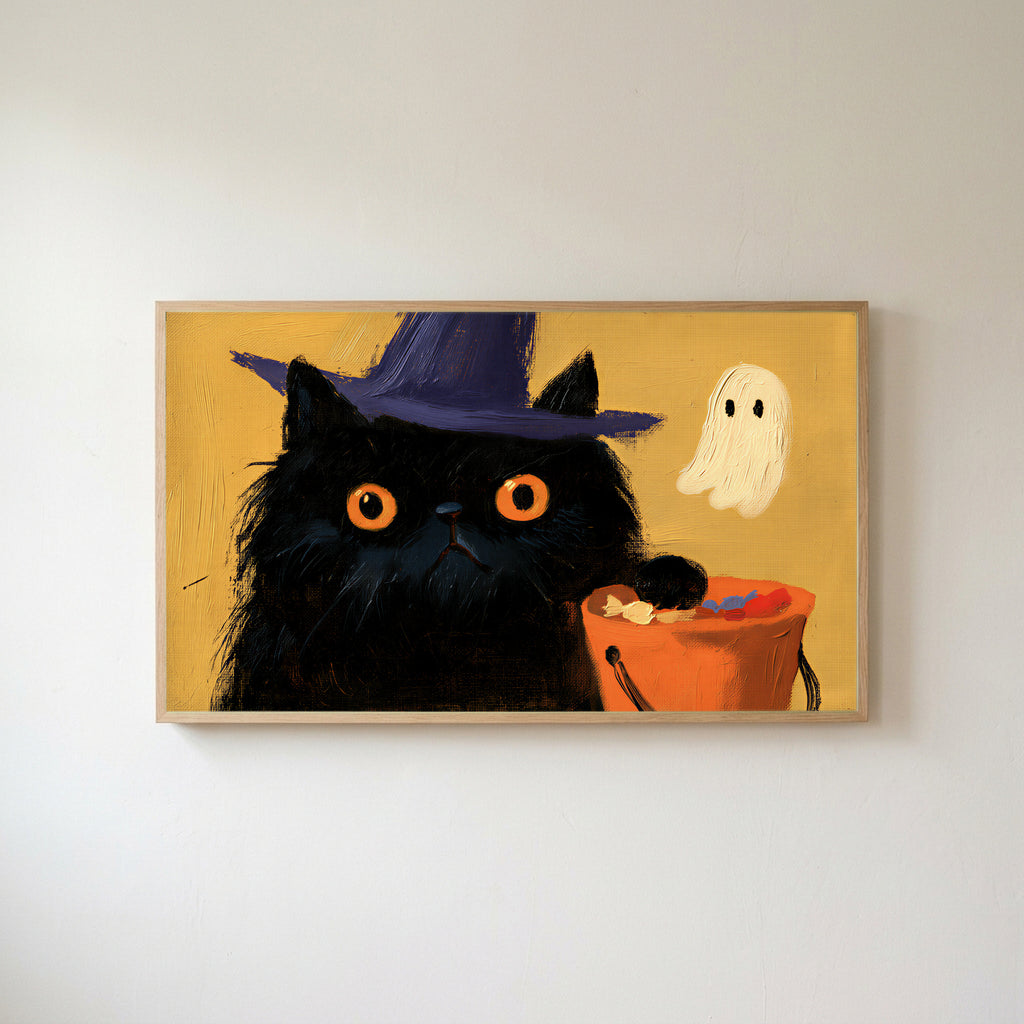 Black cat in a witch hat Frame TV art in an oak frame on a warm white wall