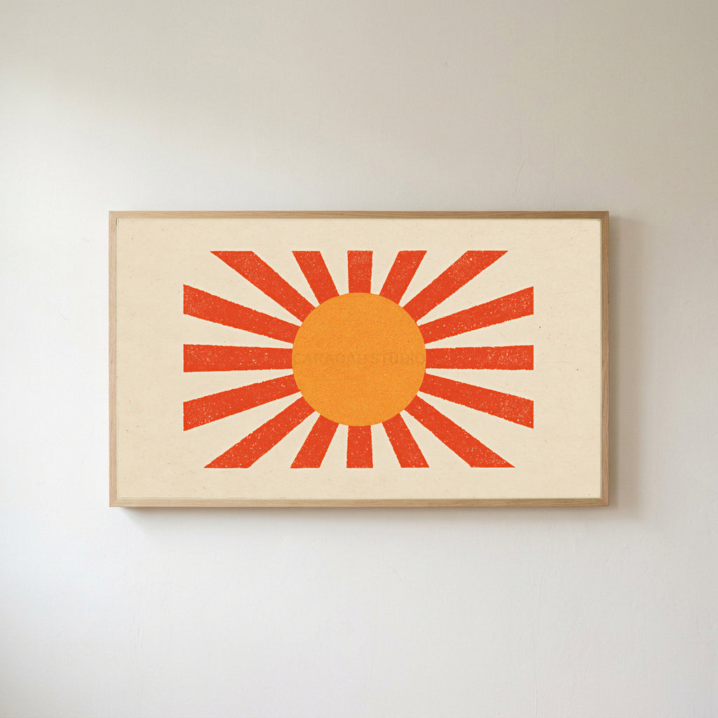 Retro sunburst Frame TV art in an oak frame on a warm white wall