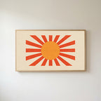 Retro sunburst Frame TV art in an oak frame on a warm white wall
