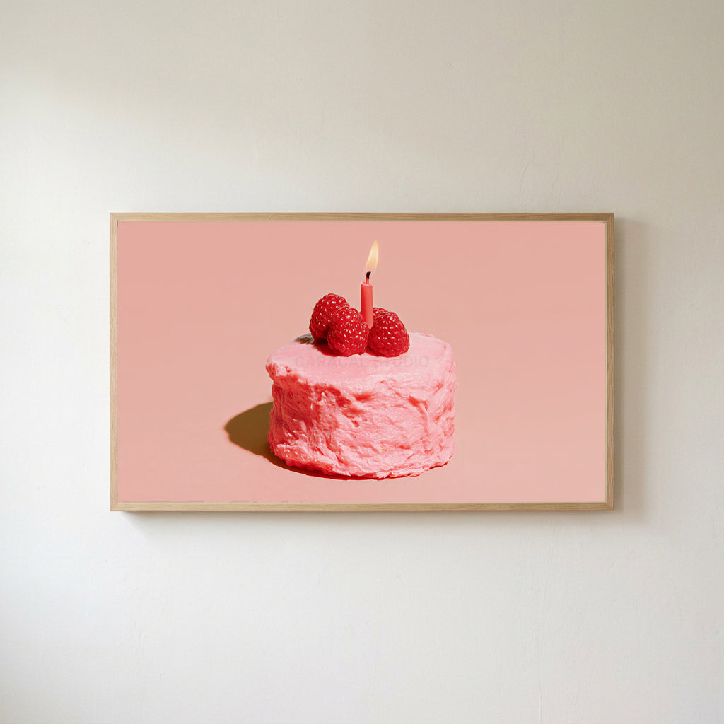 Birthday cake Frame TV art in an oak frame on a warm white wall