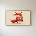 Fox in a holiday sweater Frame TV art in an oak frame on a warm white wall