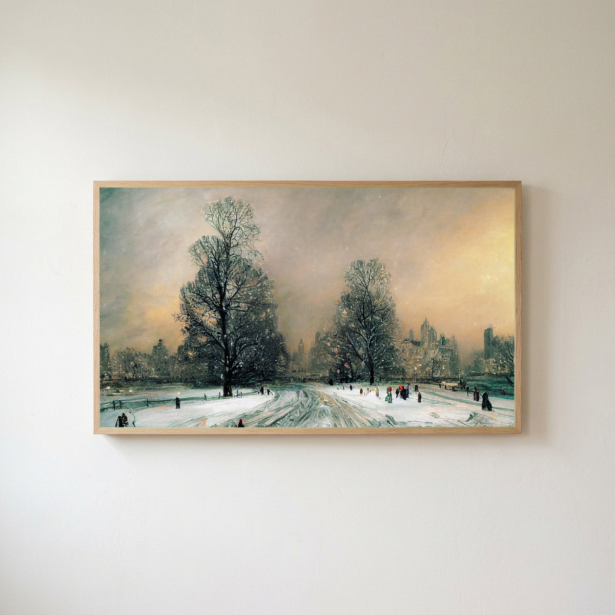 Snowy New York park Frame TV art in an oak frame on a warm white wall