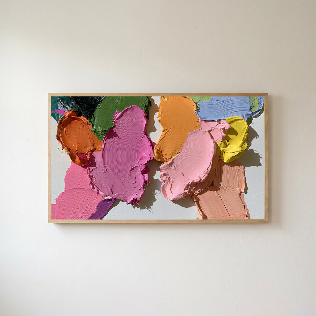Pastel paint strokes Frame TV art in an oak frame on a warm white wall