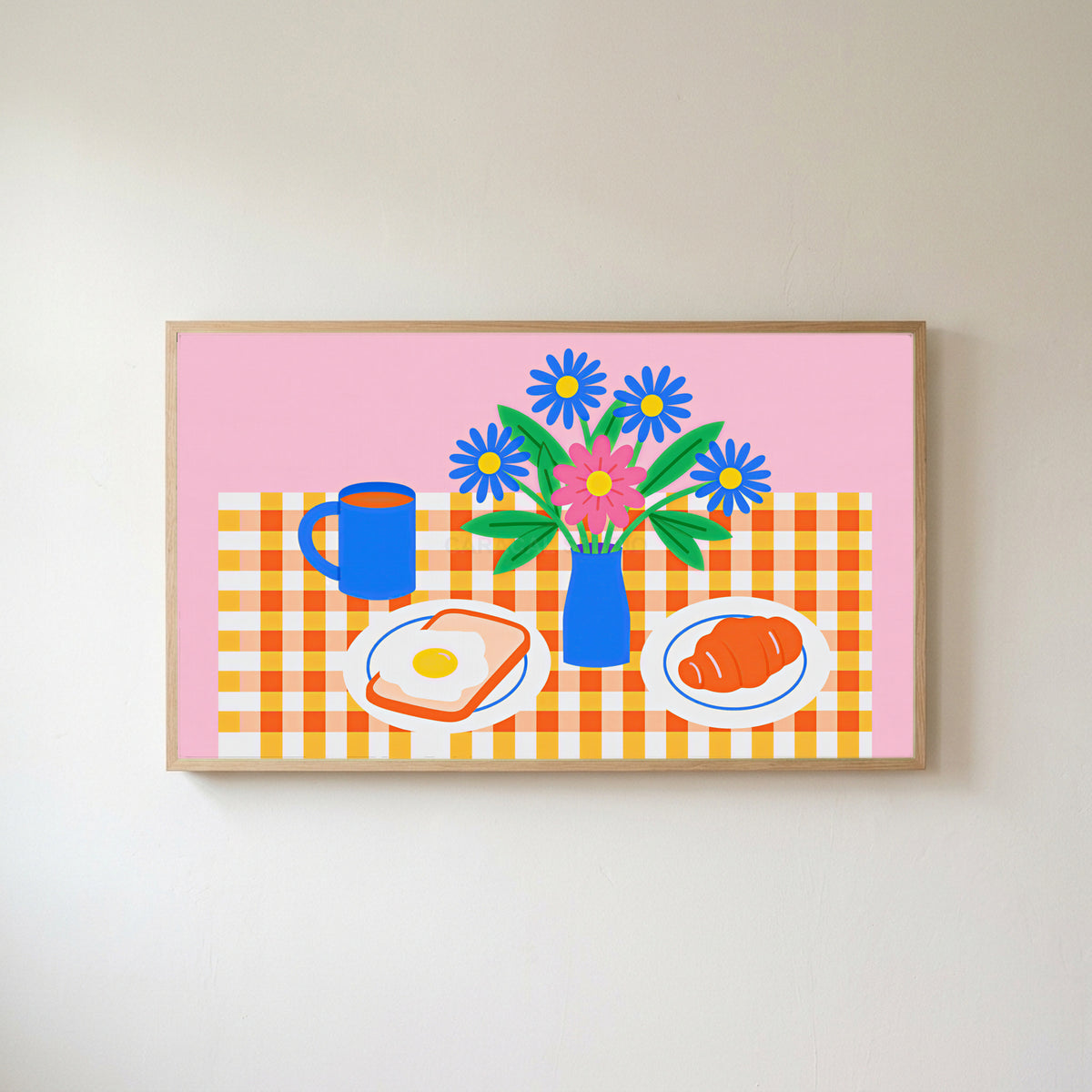 Breakfast table with flowers Frame TV art in an oak frame on a warm white wall