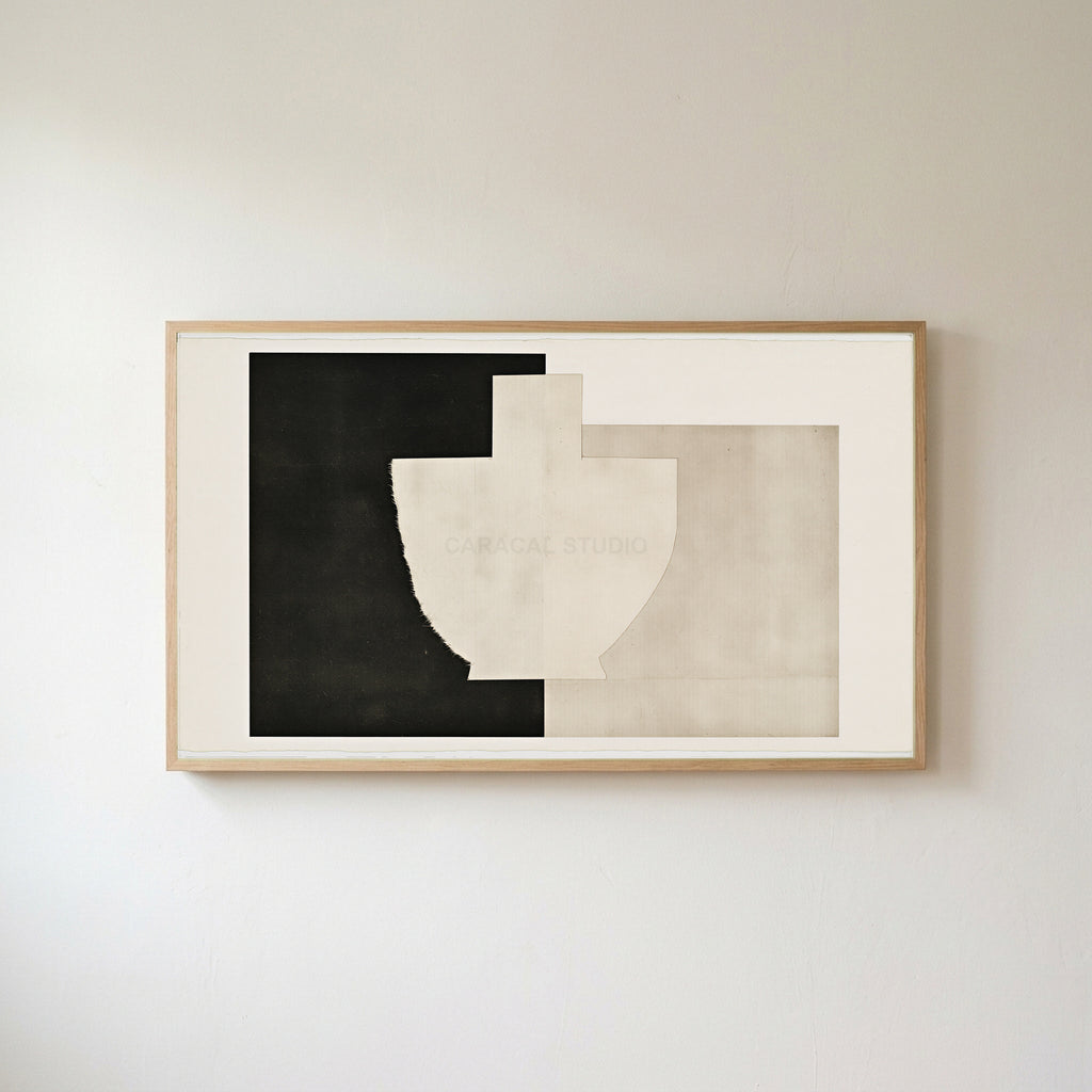 Torn paper vase collage Frame TV art in an oak frame on a warm white wall