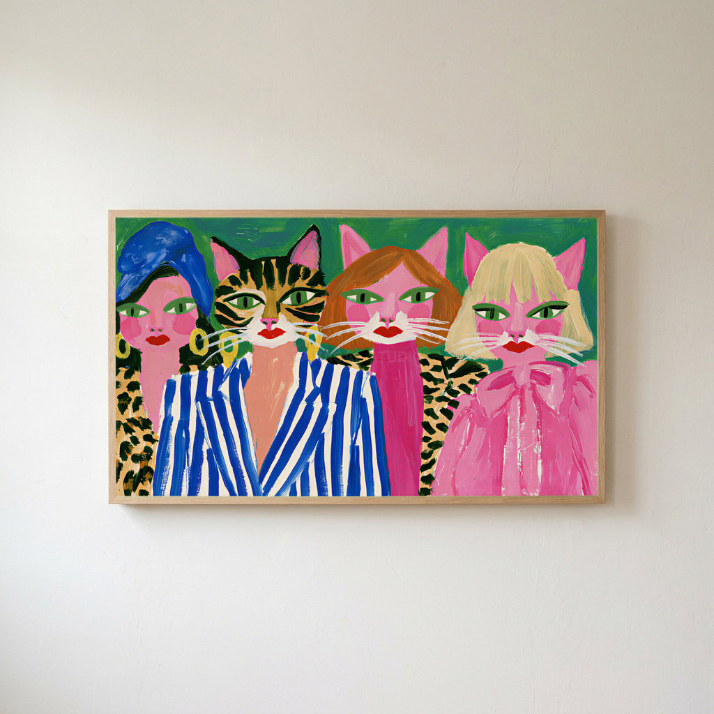 Cat ladies Frame TV art in an oak frame on a warm white wall
