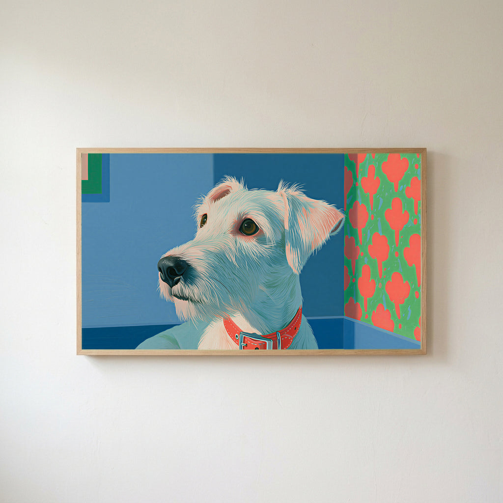 Terrier portrait Frame TV art in an oak frame on a warm white wall