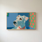 Terrier portrait Frame TV art in an oak frame on a warm white wall