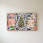Snowy city street with a big tree Frame TV art in an oak frame on a warm white wall