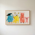 Crayon animals Frame TV art in an oak frame on a warm white wall