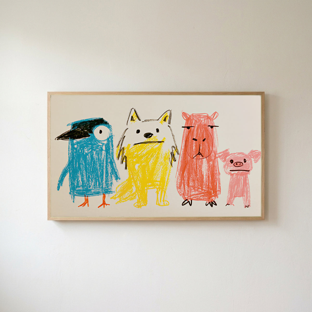 Crayon animals Frame TV art in an oak frame on a warm white wall