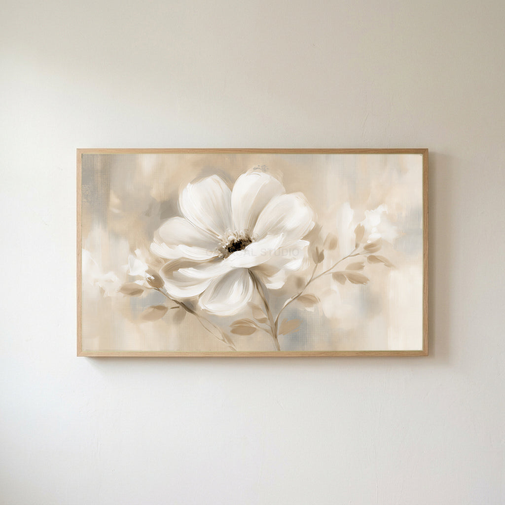 White flower Frame TV art in an oak frame on a warm white wall