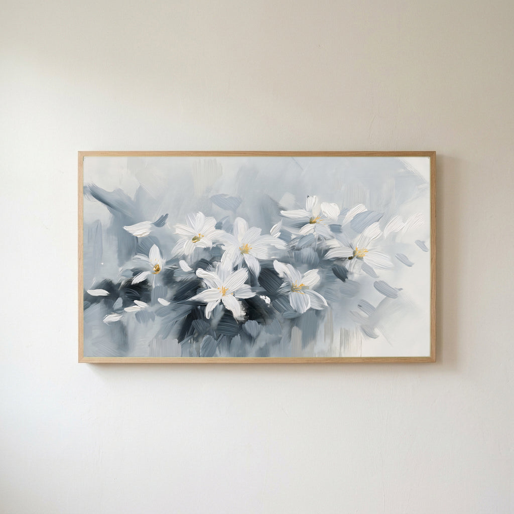 White flower Frame TV art in an oak frame on a warm white wall
