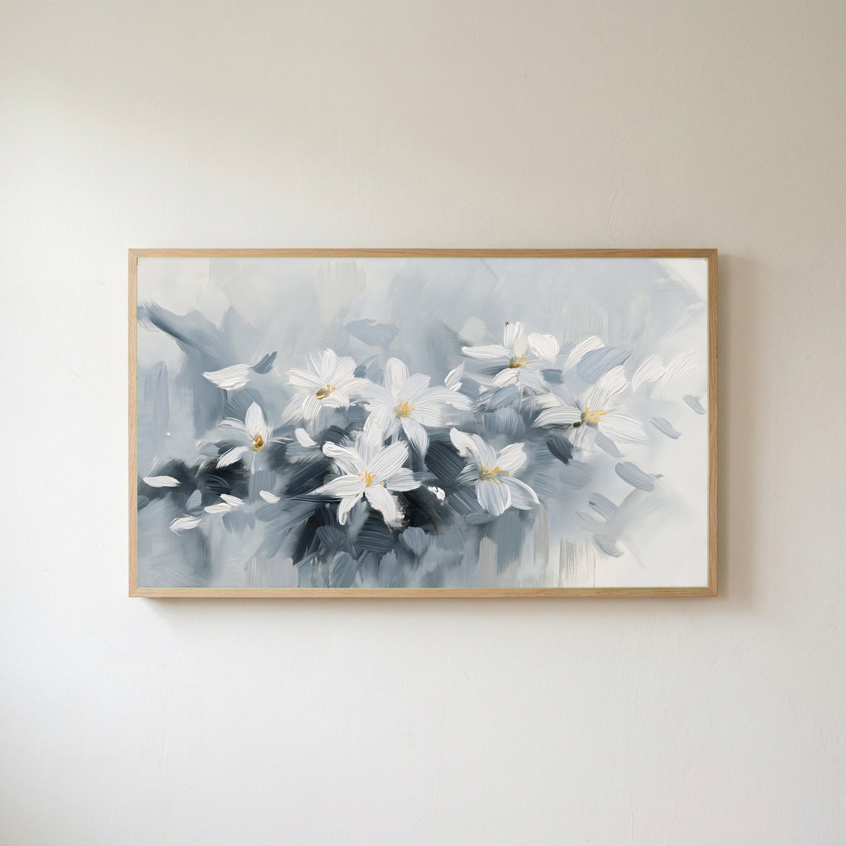 White flower Frame TV art in an oak frame on a warm white wall