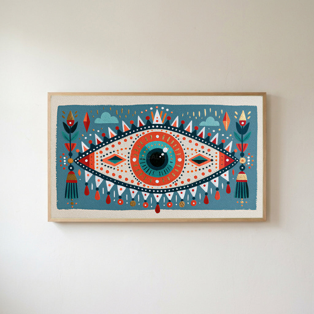 Folk art mystic eye Frame TV art in an oak frame on a warm white wall