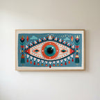 Folk art mystic eye Frame TV art in an oak frame on a warm white wall