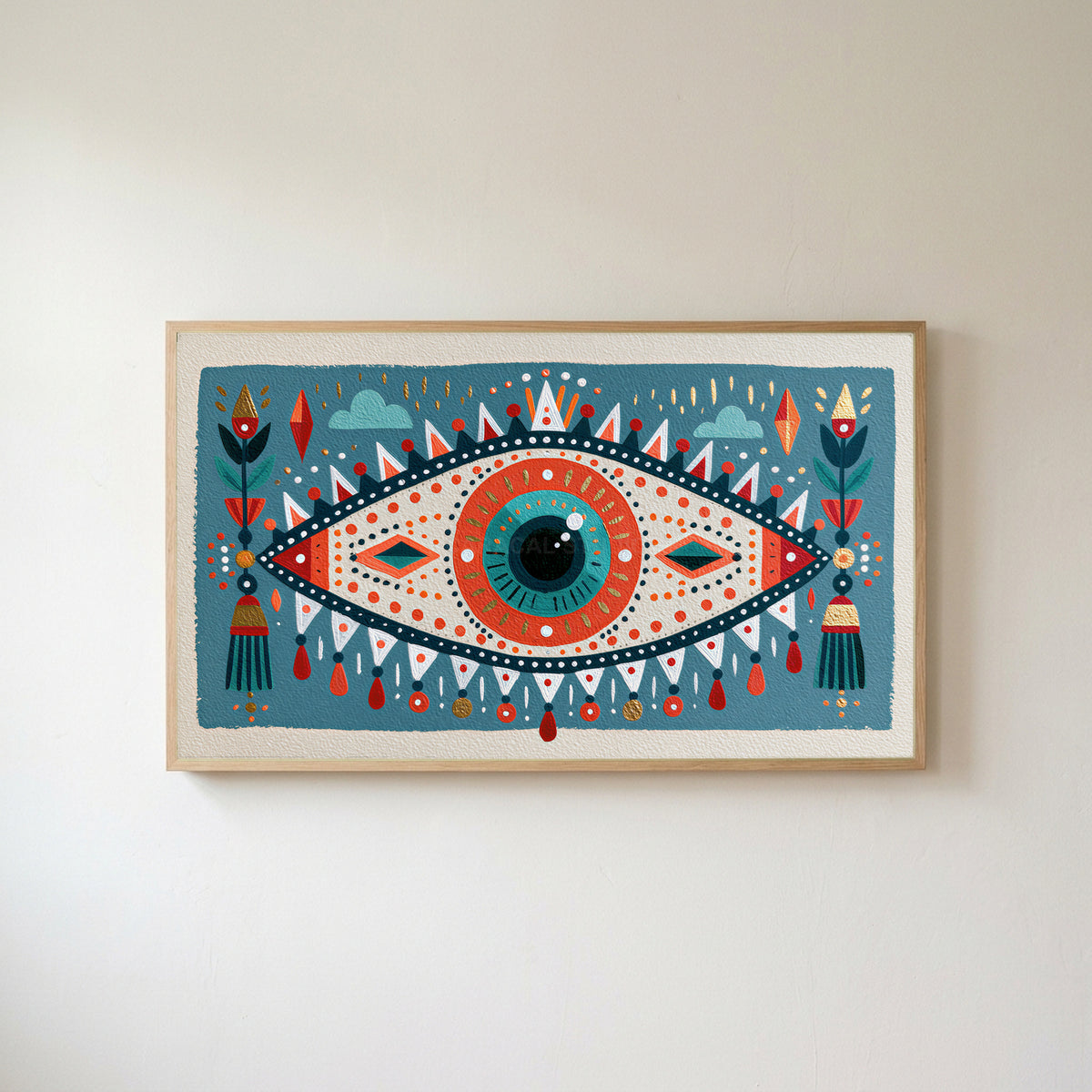 Folk art mystic eye Frame TV art in an oak frame on a warm white wall