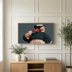 Cool duck art on a TV above a light oak sideboard with olive branches in a bright living room
