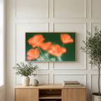 Blurred orange poppies art on a TV above a light oak sideboard with olive branches in a bright living room