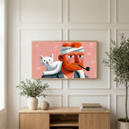 Bearded man and cat art on a TV above a light oak sideboard with olive branches in a bright living room