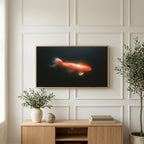Glowing koi art on a TV above a light oak sideboard with olive branches in a bright living room