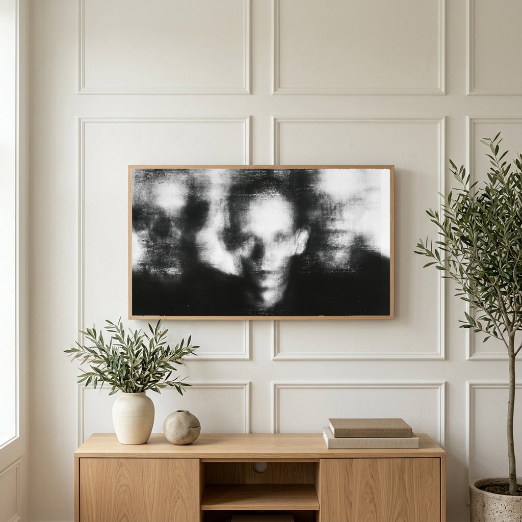 Blurred faces art on a TV above a light oak sideboard with olive branches in a bright living room