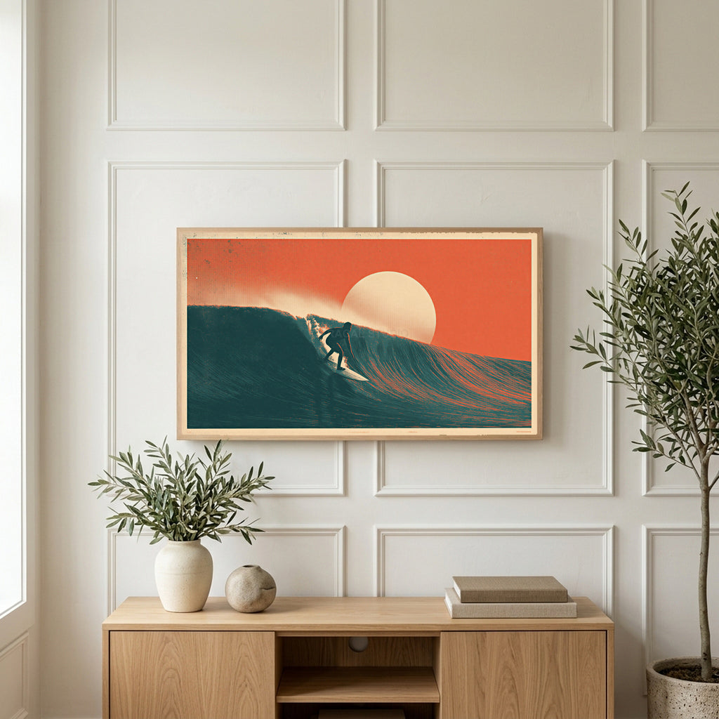 Surfer on a wave art on a TV above a light oak sideboard with olive branches in a bright living room